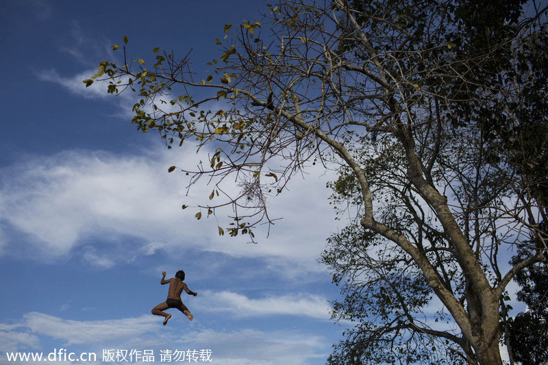 Un garçon saute d’un arbre dans la rivière de Rio Negro à Sao Pedro, près de Manaus, au Brésil, le 18 mai 2014. Manaus est l’une des villes hôtes de la Coupe du Monde 2014 au Brésil. [Photo/IC]