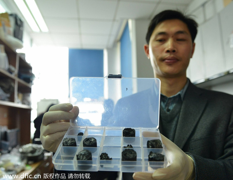 Cette photo prise à l'Université de Zhejiang, le 19 mars 2013, présente un aérogel de graphène, le plus léger matériau solide du monde. Développé par le groupe de recherche du nanomètre macromolécule de l'université, ce matériau a été vendu pour 10 millions de yuans (1,6 millions de dollars) à une vente aux enchères à Hangzhou, la capitale de la province du Zhejiang (Chine orientale), le 1er juillet 2014. [Photo/IC] 