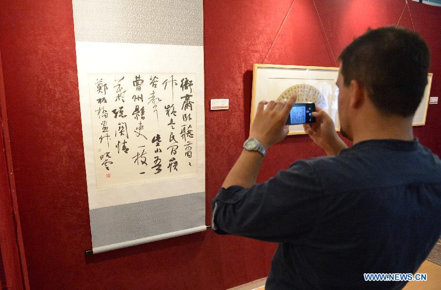 Un visiteur prend des photos d'une oeuvre lors d'une exposition de la calligraphie et de la peinture traditionnelle chinoises à Tirana, capitale de l'Albanie, le 25 juillet 2014.
