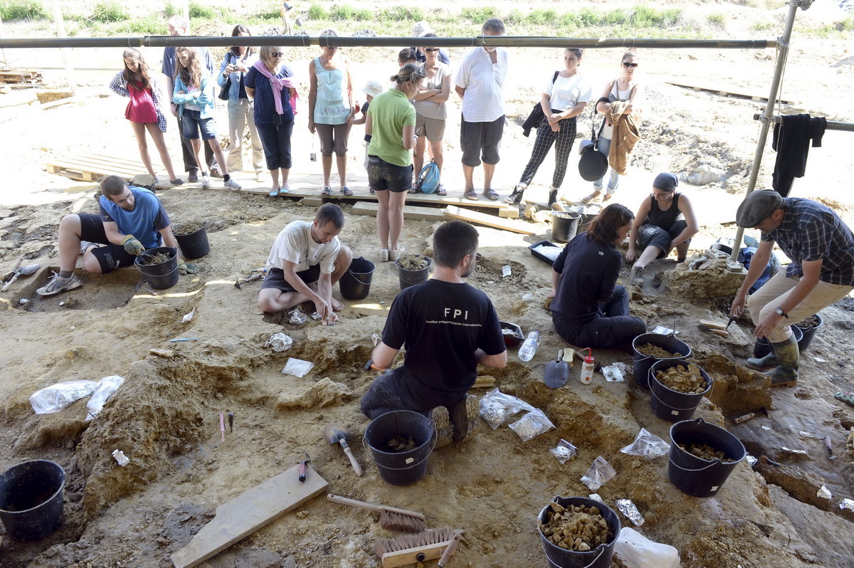 Des touristes visitent la scène de la découverte où des étudiants et des bénévoles sont en train de chercher des os de dinosaure.