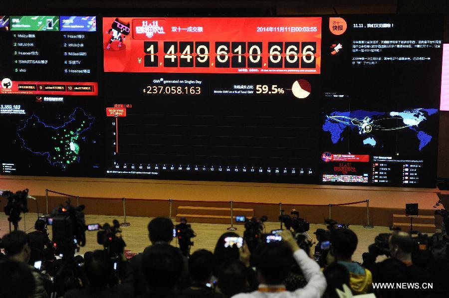 Les ventes en ligne d'Alibaba sur ses plates-formes Tmall.com et Taobao.com et ses sites étrangers tels qu'AliExpress ont dépassé 10 milliards de yuans à 00h38, le 11 novembre 2014.