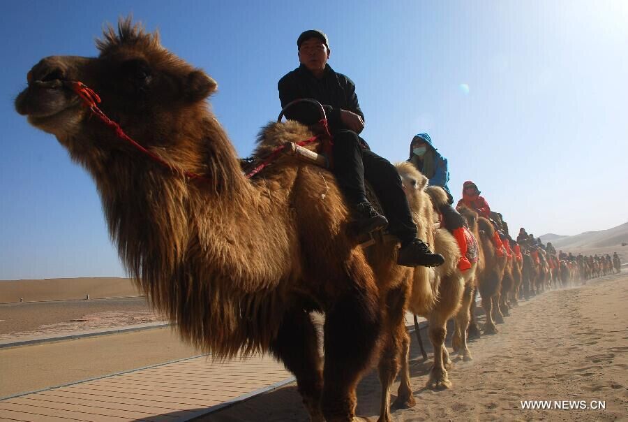 Des touristes visitent le site de la Source du Croissant de Lune à dos de chameau à Dunhuang, dans la Province du Gansu (Nord-ouest de la Chine). Avec le printemps, une certaine douceur revient, attirant les touristes. [Photo/Xinhua]