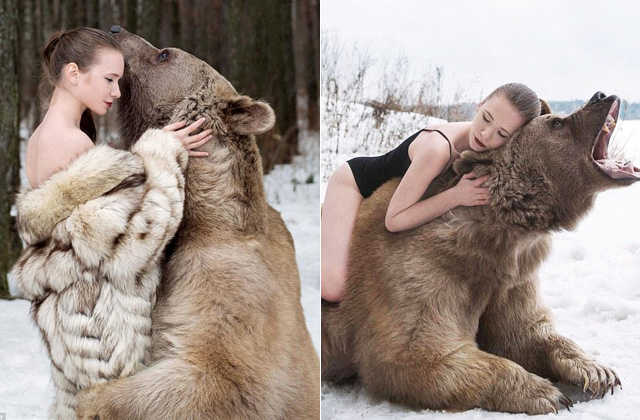 Des mannequins russes en photo avec un ours dans la neige pour dire non à la chasse