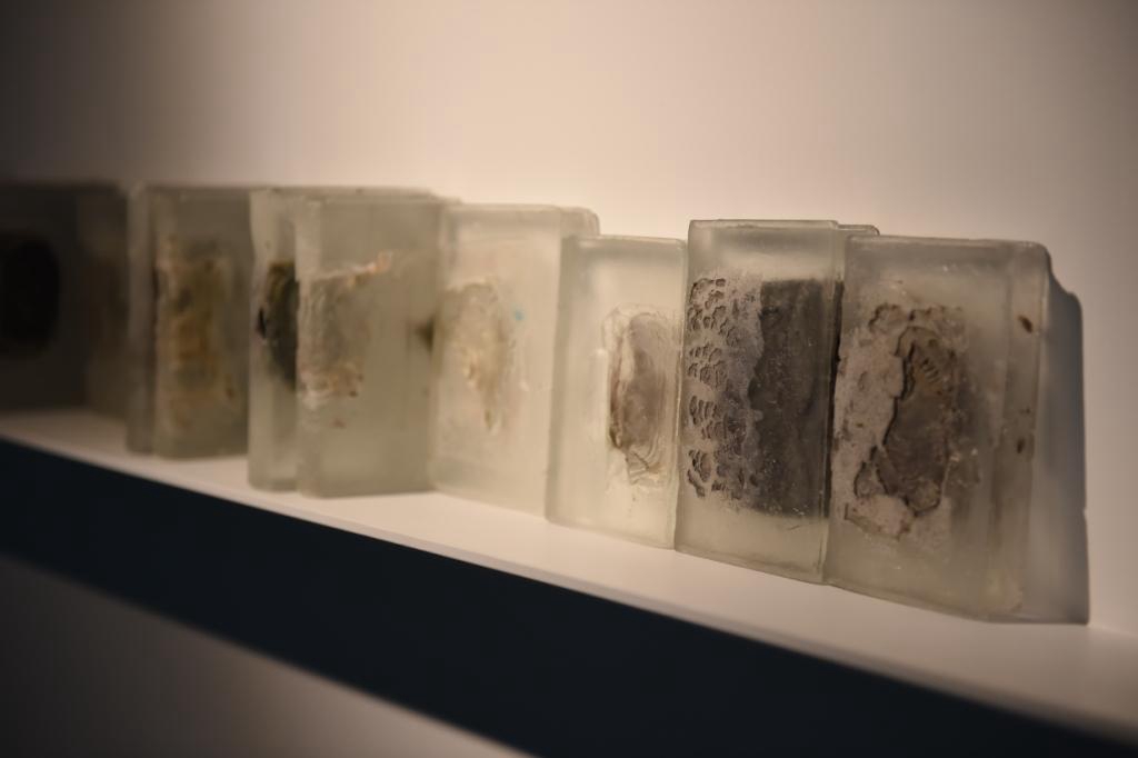 Pascal Convert, Fragment d’une bibliothèque-cristallisation de “livres perdus”, installation, sculpture (papier, verre), 2015 (photo OCAT)