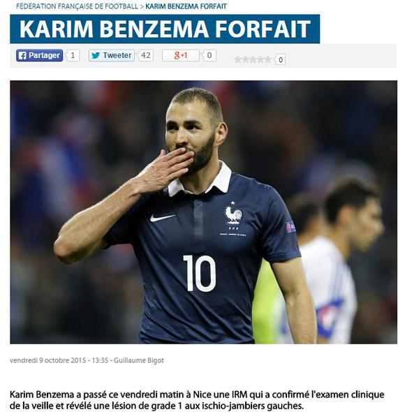 Football : Benzema forfait trois semaines