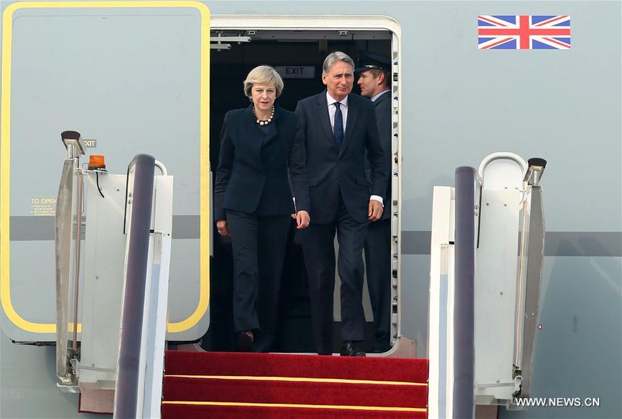 Arrivée de la PM britannique à Hangzhou pour le sommet du G20