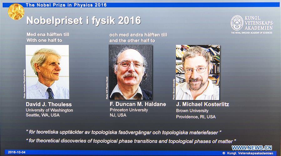 Trois scientifiques reçoivent le prix Nobel de physique 2016