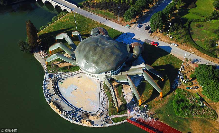 Un gigantesque crabe sur la rive d'un lac chinois