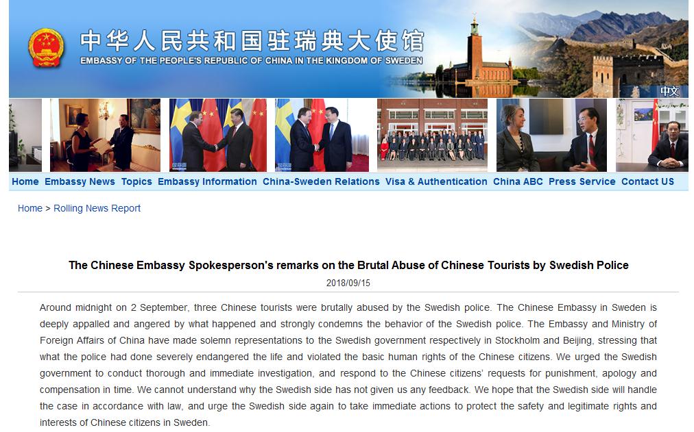 La Chine proteste contre le traitement « brutal » de touristes en Suède