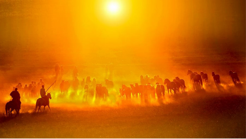 Coucher de soleil en automne sur les prairies de Mongolie intérieure