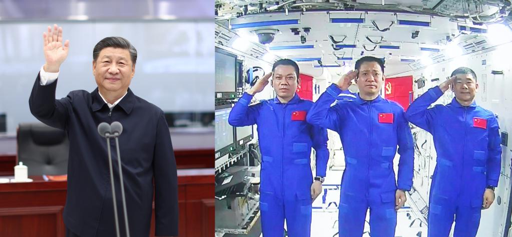 Xi Jinping parle avec les astronautes stationnés dans le module central de la station spatiale