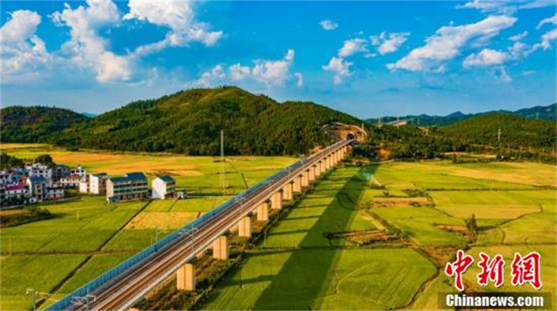 Photos aériennes de champs ruraux dans le Jiangxi, avec le passage de trains à grande vitesse
