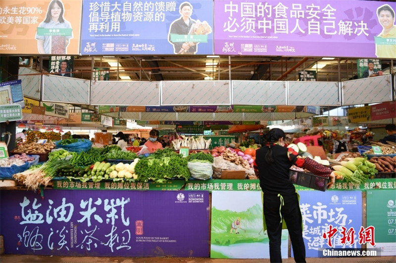 Yunnan : une exposition d'art de paniers de légumes sur un marché des produits agricoles de Kunming