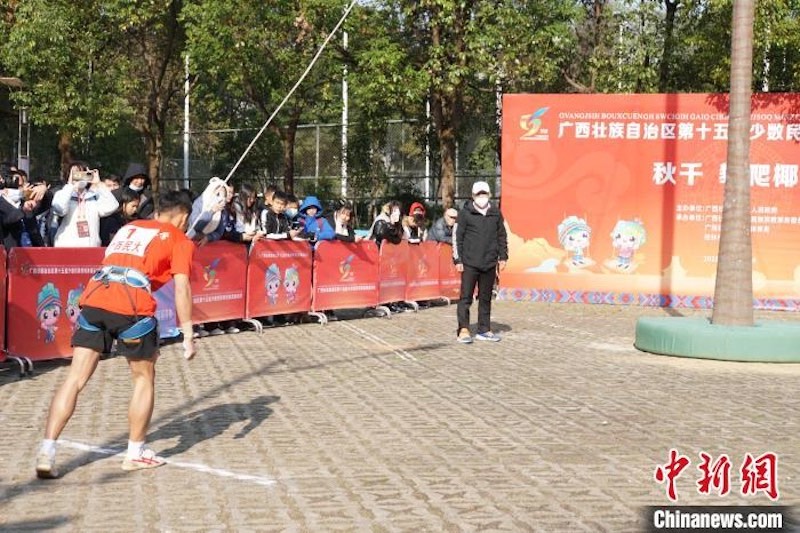 Grimper aux cocotiers, une épreuve spéciale des Jeux sportifs traditionnels des minorités du Guangxi