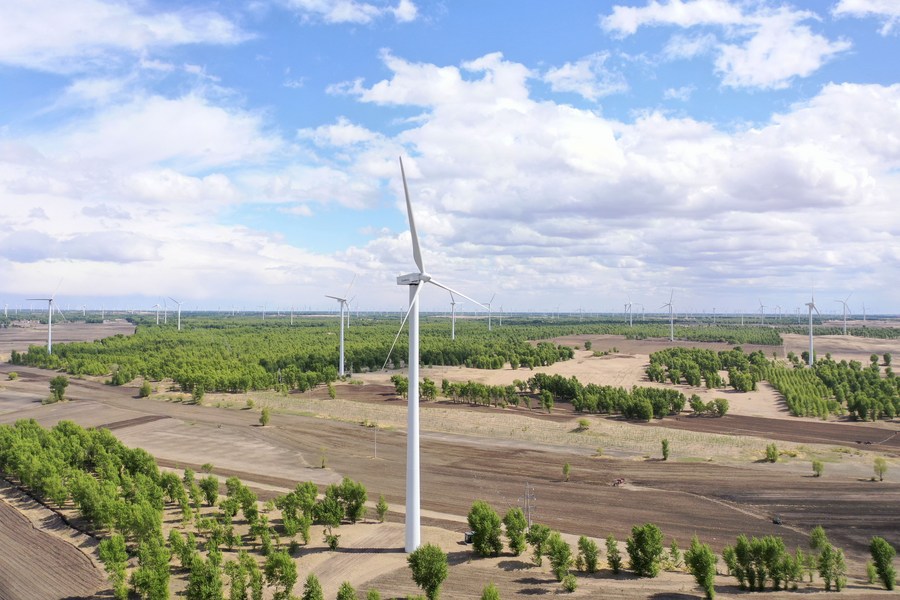 Photo aérienne d'une centrale éolienne à Xinglongshan, bourg de la ville de Baicheng, dans la province chinoise du Jilin (nord-est), le 13 mai 2022. (Photo : Zhang Yubo)