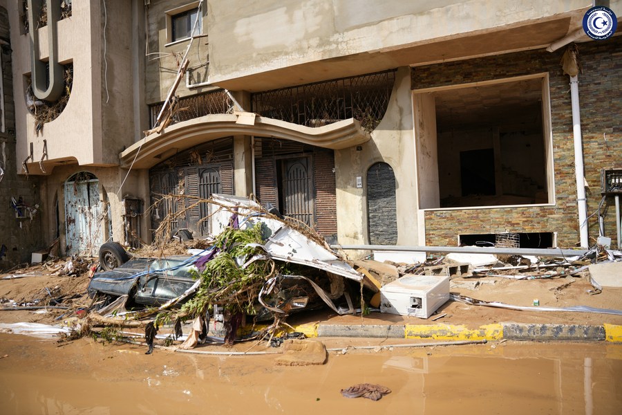 Photo prise le 11 septembre 2023 montrant une zone inondée à Derna, en Libye. (Crédit photo : gouvernement établi dans l'est de la Libye/via Xinhua)