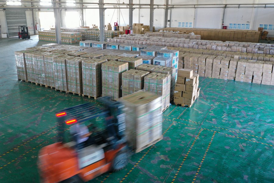 Des membres du personnel transfèrent des marchandises dans un entrepôt du centre de dédouanement pour le commerce électronique transfrontalier de la zone franche globale d'Alataw Pass, dans la région autonome ouïgoure du Xinjiang (nord-ouest de la Chine), le 24 juillet 2023. (Photo : Ding Lei)