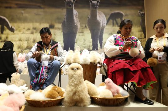 Des experts péruviens fabriquent des jouets en peluche en fourrure d'alpaga sur le stand de Warmpaca lors de la 6e Exposition internationale de l'importation de Chine (China International Import Expo, CIIE) à Shanghai (est de la Chine). (Zhu Xingxin / China Daily)