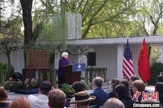 Janet Yellen, la secrétaire américaine au Trésor, assiste à une conférence de presse à Beijing, le 8 avril 2024. (Jiang Qiming / China News Service)
