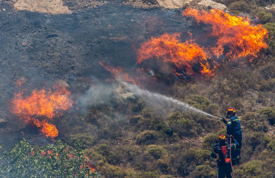 Des pompiers tentent d'éteindre un feu de forêt à Keratea, au sud-est d'Athènes, en Grèce, le 30 juin, 2024. (Xinhua/Marios Lolos)