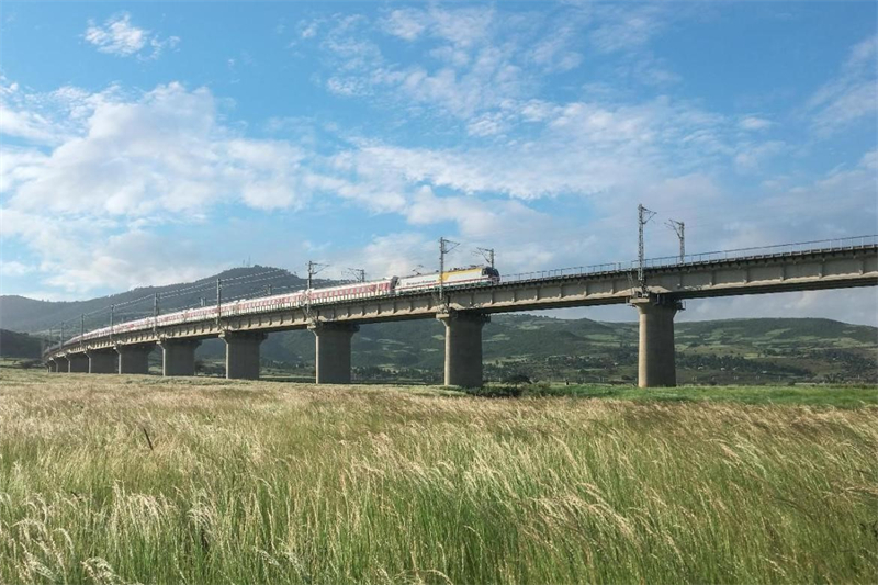 Photo montrant la ligne ferroviaire Addis-Abeba-Djibouti construite par la Chine, la première ligne ferroviaire transfrontalière électrifiée en Afrique. La ligne part d'Addis-Abeba, capitale de l'Éthiopie à l'ouest, et s'étend vers l'est jusqu'à Djibouti. (Photo / Sun Ruibo)