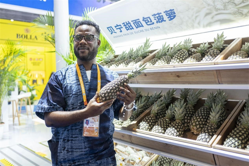 Des ananas du Bénin sont exposés à la 6e Exposition international de l'importation de Chine (CIIE), marquant la première arrivée d'ananas frais du Bénin en Chine par le biais de cette importante exposition, le 5 novembre 2023. (Wang Chu / Pic.people.com.cn)