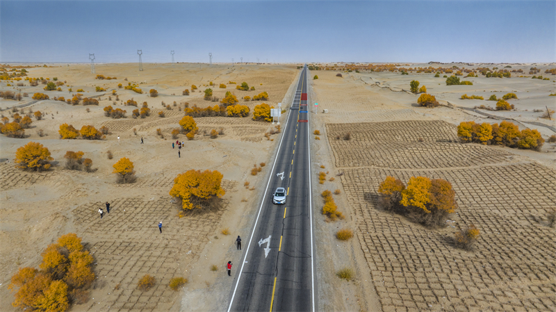 Xinjiang : les magnifiques paysages d'automne le long de l'autoroute du désert du Taklamakan à Hotan