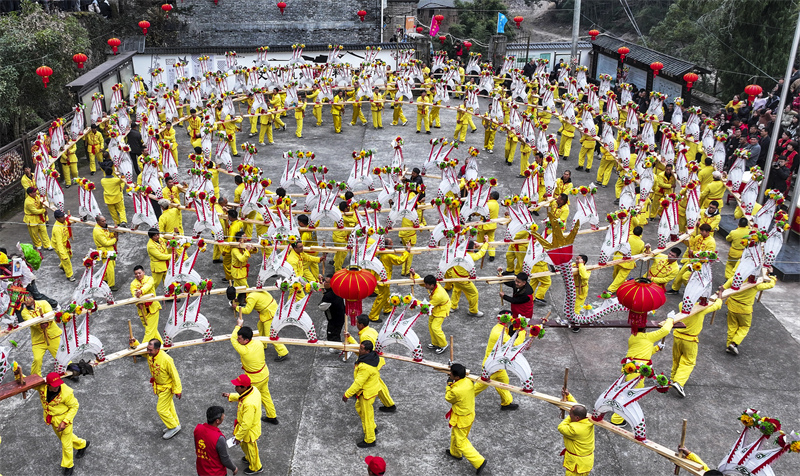 Zhejiang : les villageois d'Anshan exécutent une danse du dragon de planches pour célébrer la fête du Printemps