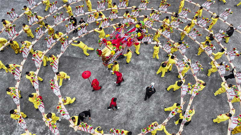 Zhejiang : les villageois d'Anshan exécutent une danse du dragon de planches pour célébrer la fête du Printemps