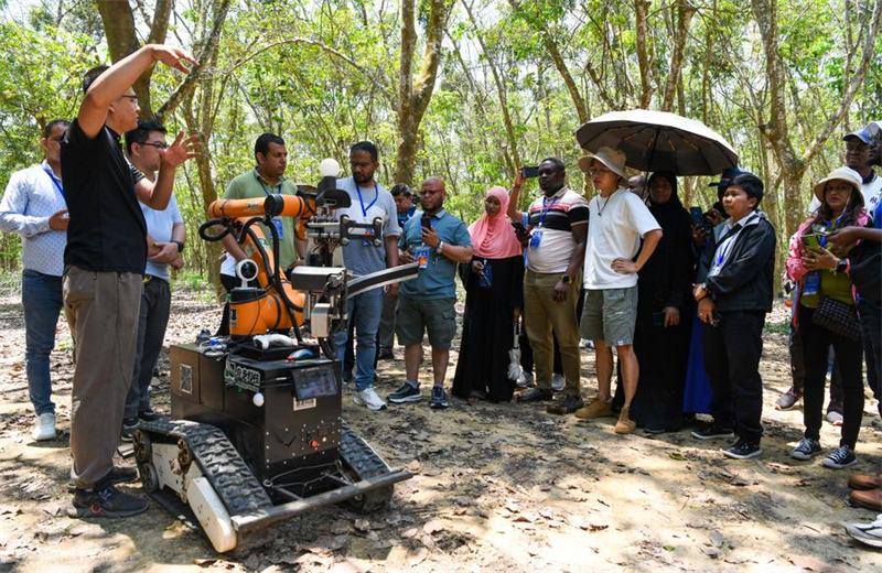 Des participants à une formation sur les nouvelles technologies agricoles tropicales destinées aux pays en développement visitent une plantation d'hévéas de la CATAS, afin de se familiariser avec un robot automatisé d'extraction, à Danzhou, dans la province chinoise de Hainan (sud), le 7 mai 2025. (Photo : Yang Guanyu)