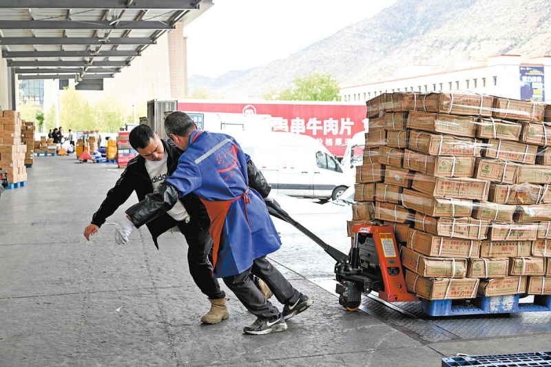 Des employés transportent des caisses de marchandises surgelées dans un centre de logistique de Lhassa, capitale de la région autonome du Xizang (sud-ouest de la Chine), le 13 juin. ( Photo / China News Service)