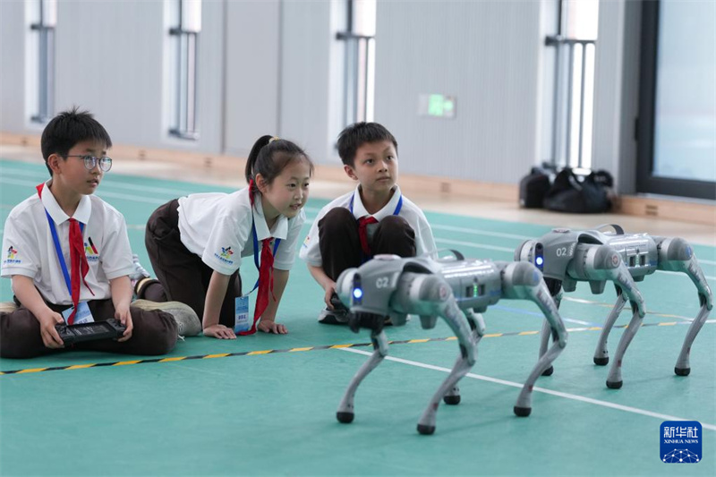 Des étudiants manipulent un robot quadrupède pour une démonstration de mouvements, le 12 mai. (Huang Zongzhi/Xinhua)