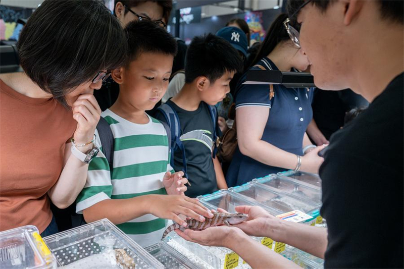 Des gens visitent l'Exposition mondiale des reptiles de Beijing 2026 dans l'arrondissement de Pinggu, à Beijing, capitale chinoise, le 19 juin 2026. (Photo : Hu Jingwen)
