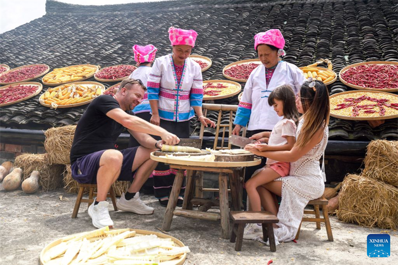 Guangxi : les visiteurs étrangers affluent à Longji pour découvrir la vie rurale traditionnelle de l'ethnie Zhuang