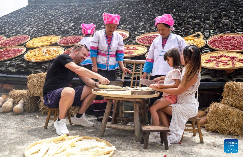 Guangxi : les visiteurs étrangers affluent à Longji pour découvrir la vie rurale traditionnelle de l'ethnie Zhuang